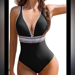AIMAGE Womens Black One Piece Swimsuit Crochet Waist Ric Rac V-Neck Size M NEW